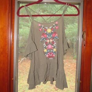 Olive Green Top with Floral Embroidered Design